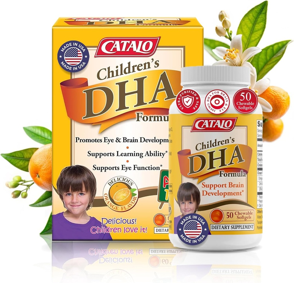 CATALO Dětské DHA Formule Rybí olej doplňky, Žvýkací kalhotky, 200mg DHA per Serving, Omega-3, Přírodní Orange Flavor pro děti, pro mozkovou funkci a vývoj očí, snadné vzít, 50 Softgels
