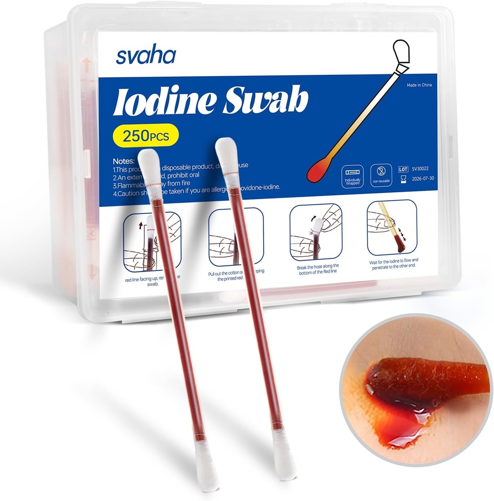 Svaha Povidon Jod Swabsticks - 250 Nálepky jednotlivě zabalené, Jod řešení uvolněno, bez sušení, ideální pro péči o zranění, První pomoc kity, Cestování a venkovní použití