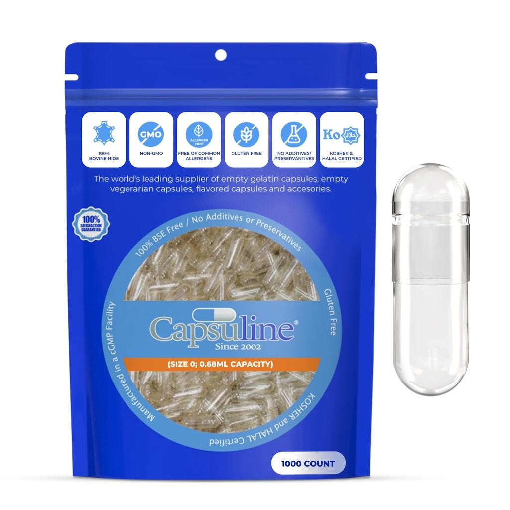 Capsuline Velikost 0 Prázdné želatinové kapsle, jasné - 1000 Počet 124; Gluten Free, Kosher, Non- GMO Certifikované 124; Pure Bovine Pill Caps for DIY Supplement Filling - 1000