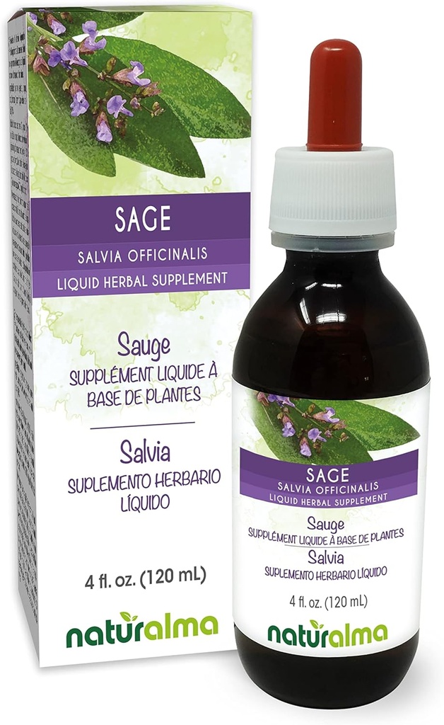 Naturalma Sage (Salvia officinalis) Leaf Alcohol-Free tinktura - 4 fl oz Liquid Extract in Drops - Bylinný dodatek - Vegan