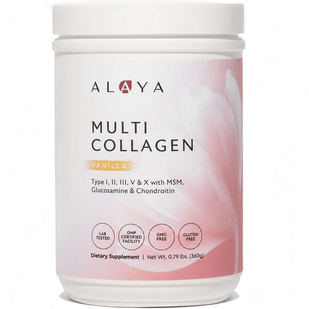 Alaya Multi Collagen Powder - typ I, II, III, V, X Hydrolyzované Collagen Peptides Protein Powder Dodatek s MSM + GC (Vanilla)