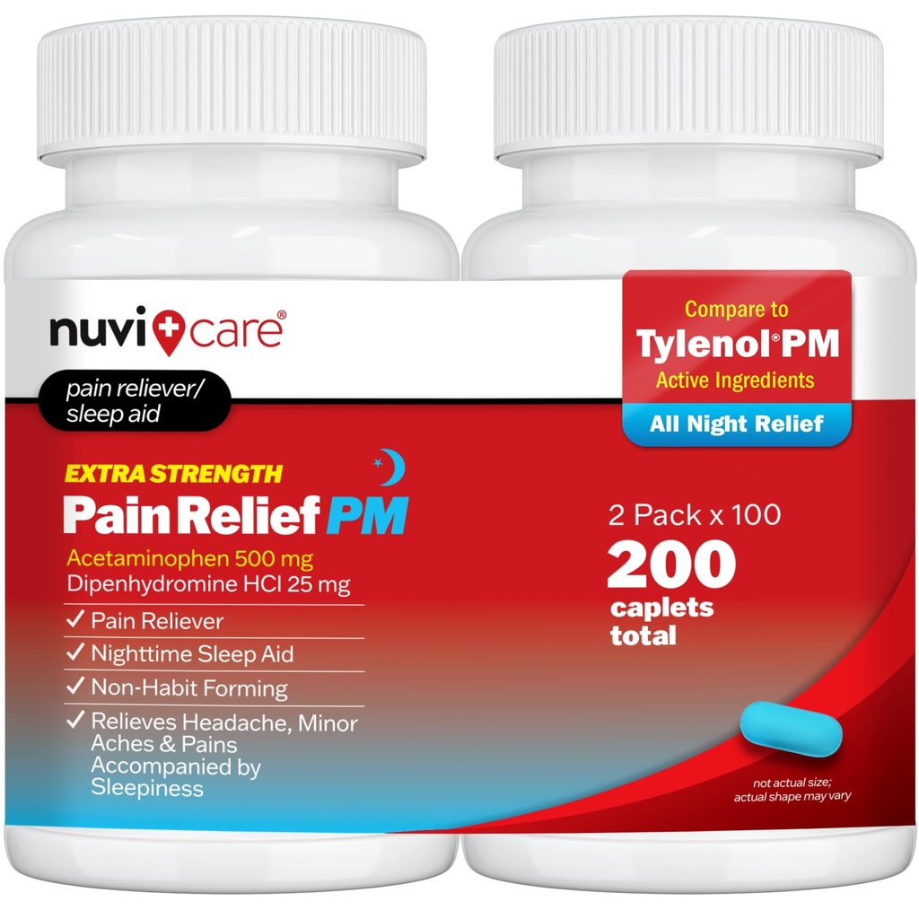 Extra Strength Pain Relief PM - Acetaminophen 500mg & Difenhydramine 25mg - Porovnejte s Tylenol PM Extra Strength Help - Dospělá PM Pain Reliever for Nighttime Aches & Pains (100 tablet)