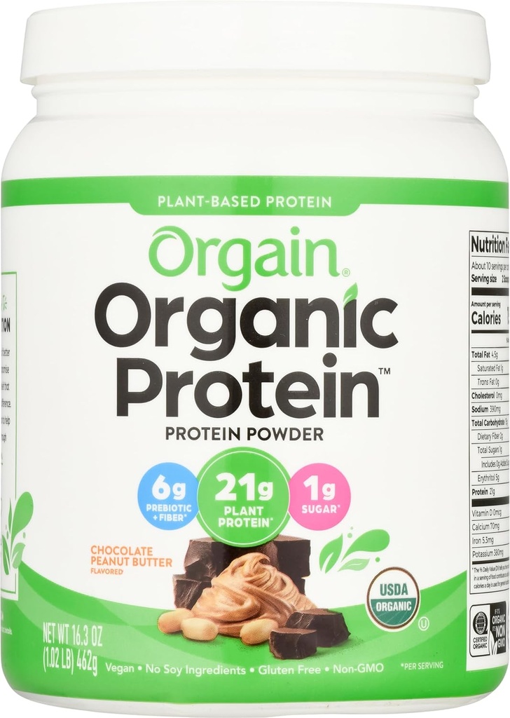 Orgain Organic Vegan Protein Powder, Čokoládové arašídové máslo - 21g rostlinného proteinu, Nízké čisté sacharidy, Non Dairy, Gluten Free, bez laktózy, bez přidaného cukru, Soy Free, Kosher, 1.02 Pound