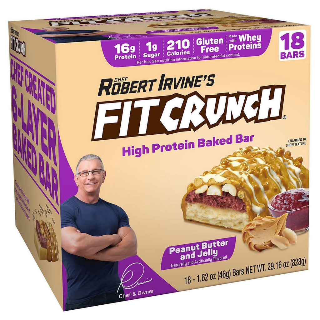 FITCRUNCH Snack Size Protein bary, 6-vrstvý pečený bar, 1g cukru, gluten zdarma & měkký dort jádro (18 barů, arašídové máslo a želé)
