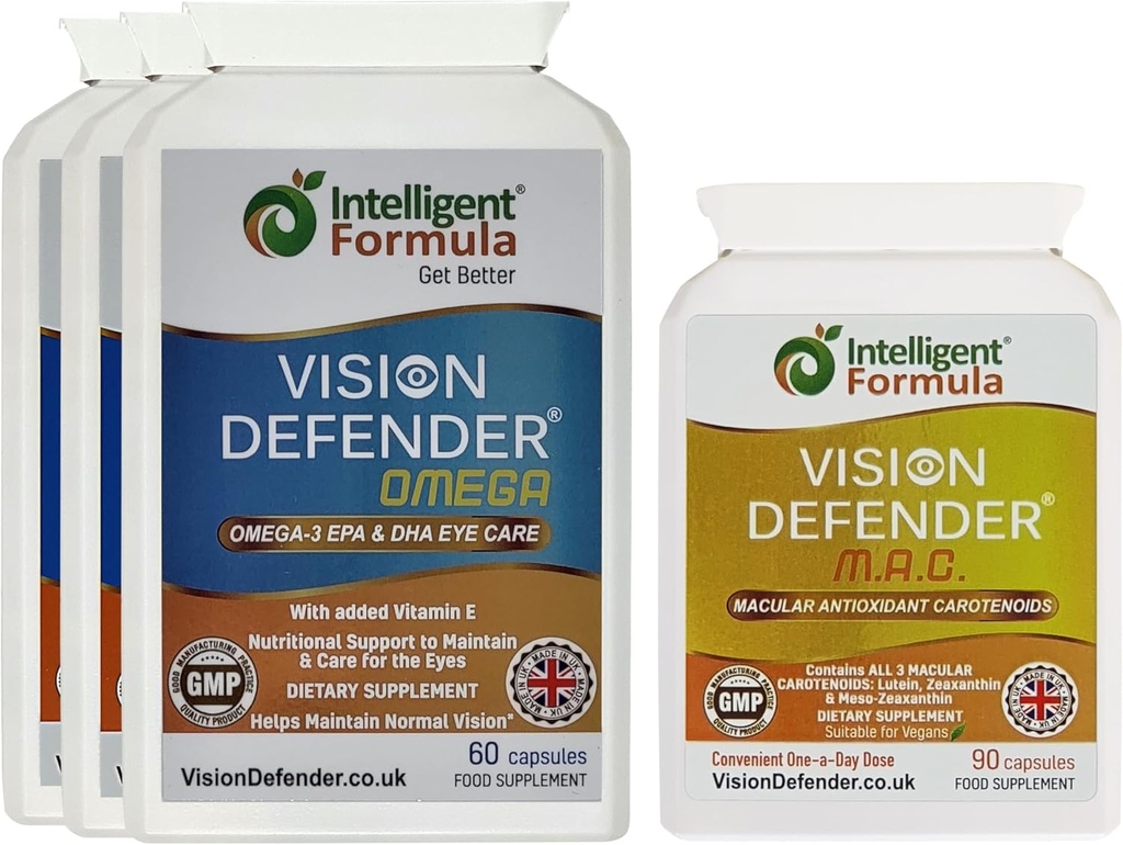 Vision Defender MAC & Omega Everyday General Eye- Health Bundle (90 Days Supply). Doplněk pro oční vitaminy zahrnuje karotenoidy Lutein, Zeaxanthin, Omega-3 (DHA, EPA). Made in UK by Eye Specialists