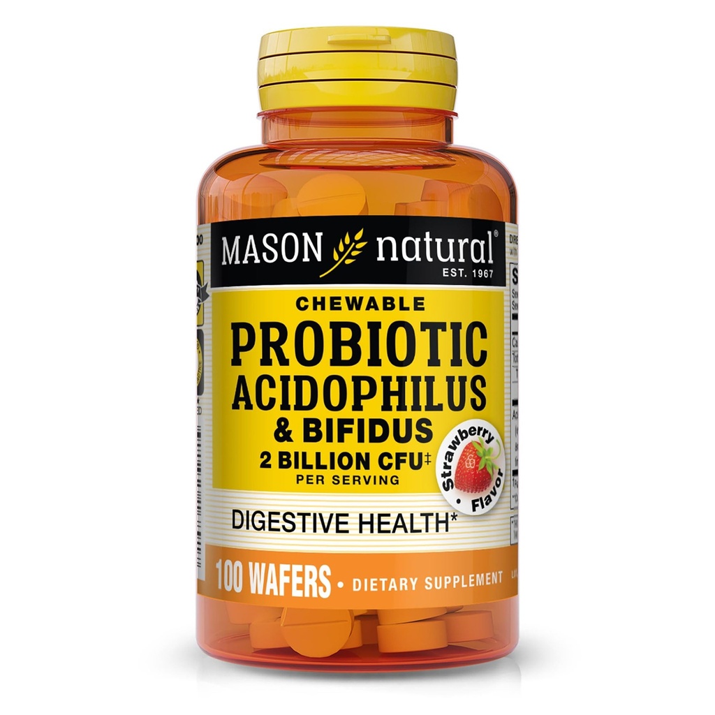 MASON NATURAL Probiotický Acidofilus s bifidem, 50 denní dodávka, podporuje zdravé normální strava, Strawberry Flavor, 100 Žvýkací Wafers