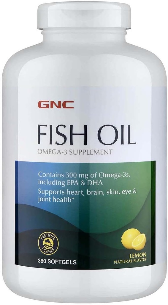 GNC Fish Oil Omega 3 Dodatek, 300mg EPA a DHA, Lemon Flavor, Podporuje srdce, mozek, kůže, oko a společné zdraví, 360 Softgels, 360 Servings
