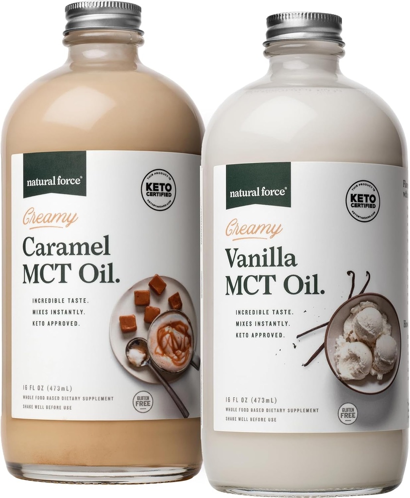 Natural Force Creamy Vanilla + krémový karamel MCT Oil Bundle - gluten- Free, non GMO, Emulgované ochucené MCTs z organických kokosů - Keto, Paleo, a Vegan - 2x 16 Ounce skleněné láhve