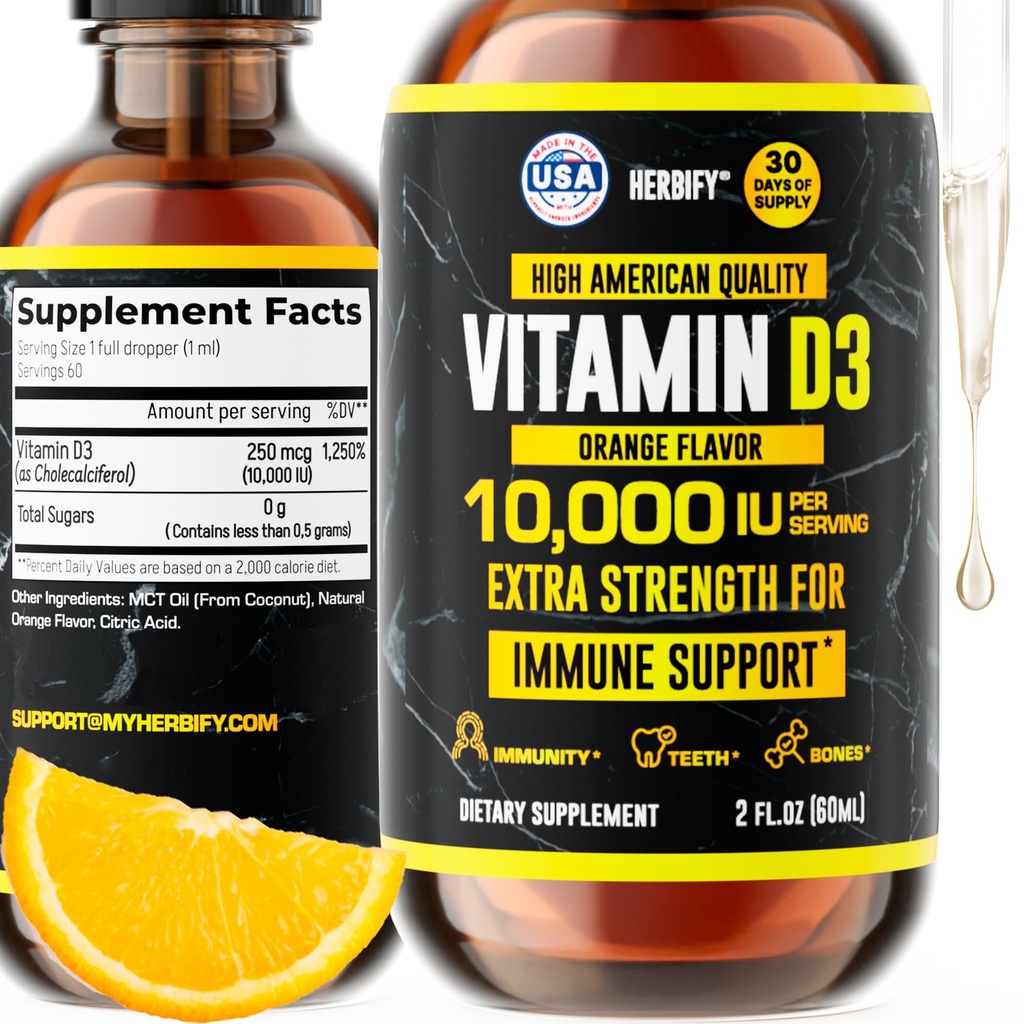 HERBIFY Vitamin D3 10000 IU - Vyrobeno v USA Tekutý vitamín D Kapky - Kostní síla a imunitní podpůrný dodatek - Sluneční náhrada - D3 Vitamin Kost a zuby Dodatek - 2 Oz