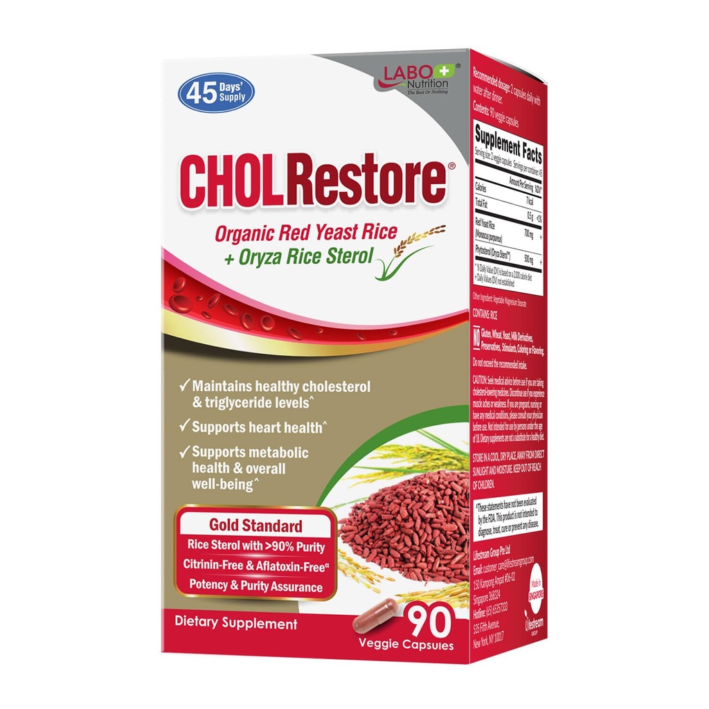 LABO Nutrition CHOLRESTORE - Červená kvasinková rýže s fytosterolem doplněk zdraví, podporuje zdravé hladiny cholesterolu, Citrin, aflatoxin & Soy Free, 90 Vegetariánské kapsle