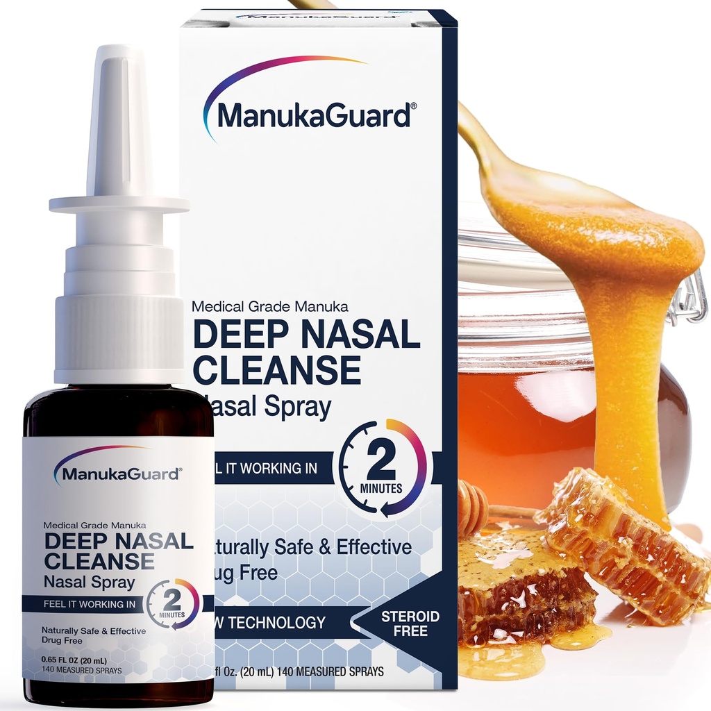 ManukaGuard Medical Grade Manuka Honey Natural Nasal Spray with Saline Solution for Congestion Support, Sinus and Alergics Relief, Nasal Moisturizing, Nový Zéland Med, MGO 600, 0.65 fl oz láhev
