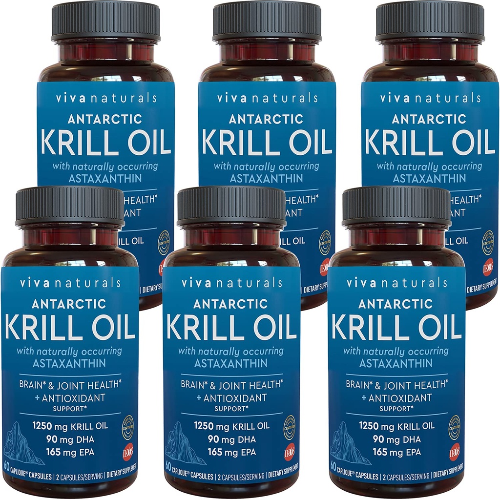 Viva Naturals Antarktida Krill Oil 1250 mg, Omega 3 EPA DHA a Astaxanthin, Společná podpora a dodatek mozku s antioxidačními vlastnostmi, No Fishy After taste (Balení po 6)