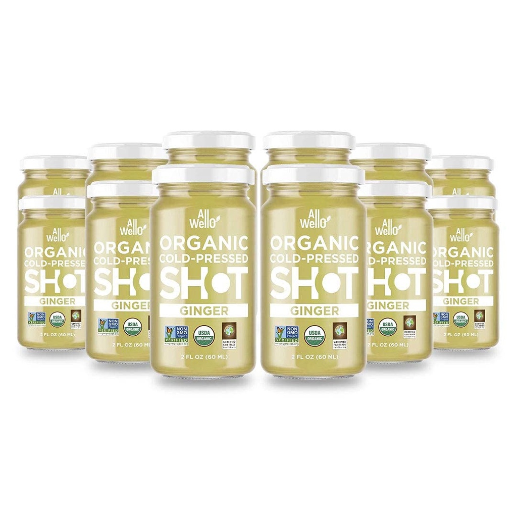 ALLWELLO Cold- Pressed Ginger Shot, 60 ml, USDA Organic Imunitate Booster with Natu-RAL CLAN124; 12 jednotek na případ (12 balení)
