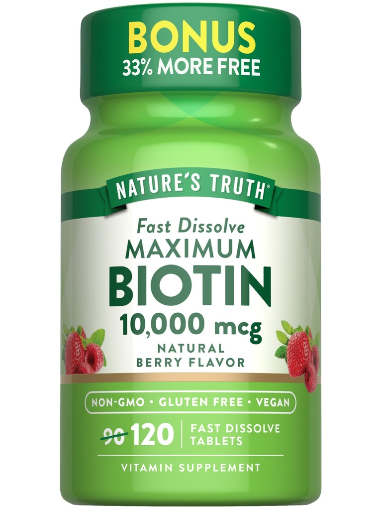 Nature 's Truth Biotin 10000mcg OF 124; 120 Fast Disolution Tablet OF 124; Maximum Strength OF 124; Natural Berry Flavor OF 124; Vegan, Non- GMO & Gluten zdarma Dodatek