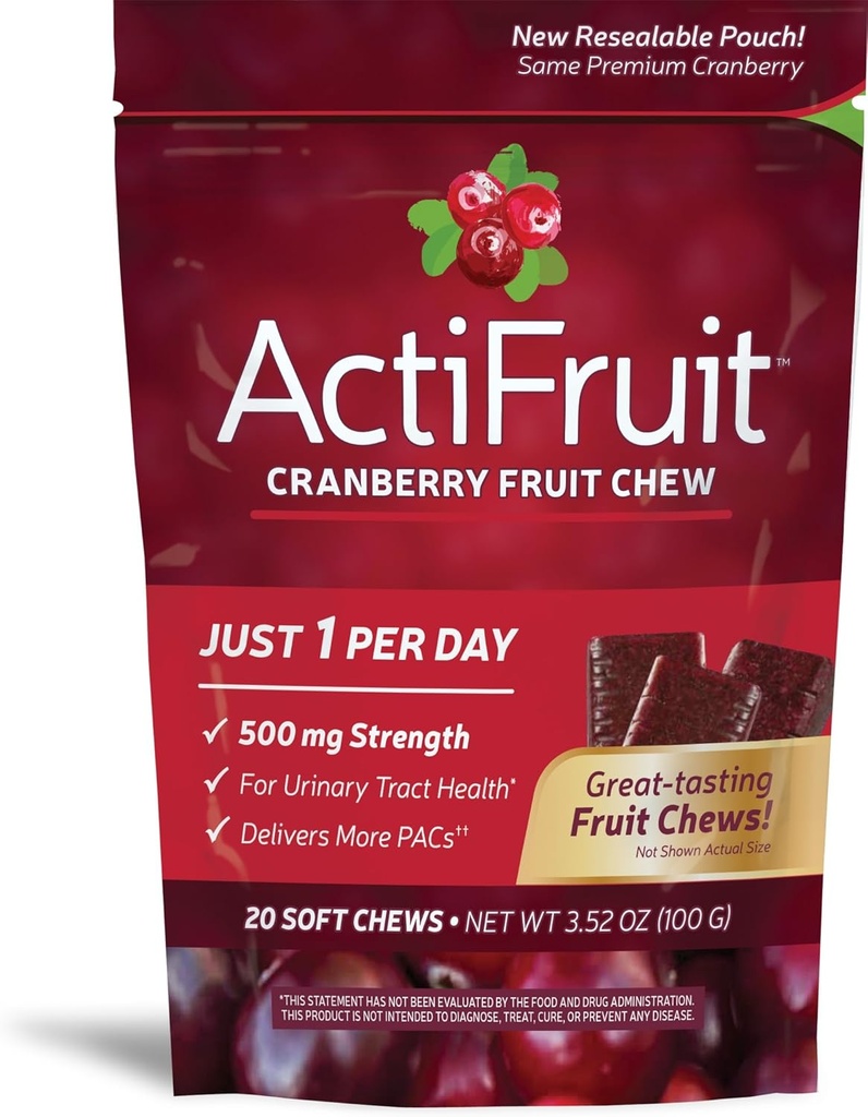 Enzymatická terapie Actifruit Cranberry dodatek s Cran- max, 500 mg, 20 měkkých žvýkaček, krabice (balení po 2)