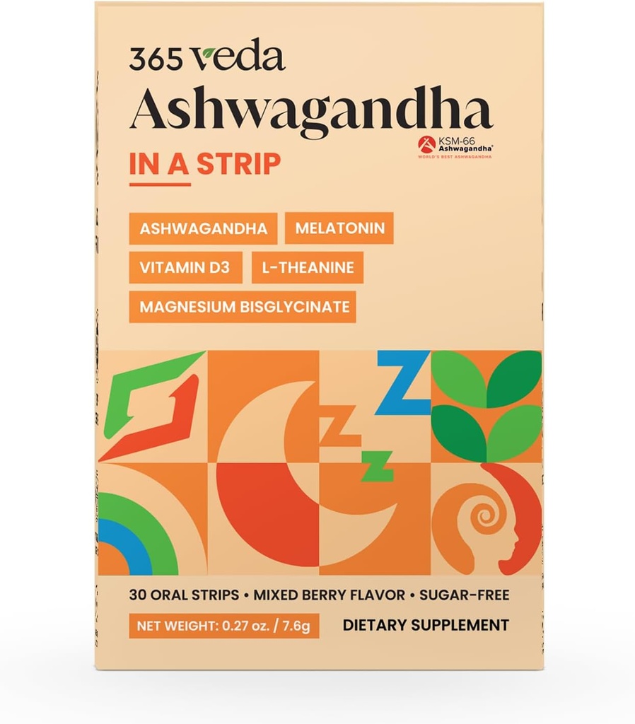 Ashwagandha Oral Strips 100 mg KSM 66 Ashwagandha, L- Theanine, Melatonin, Vitamin D3 a hořčík, Vegan Strip pro muže a ženy, Sugar- Free, Non- GMO, 30 Oral Strips (Berry)