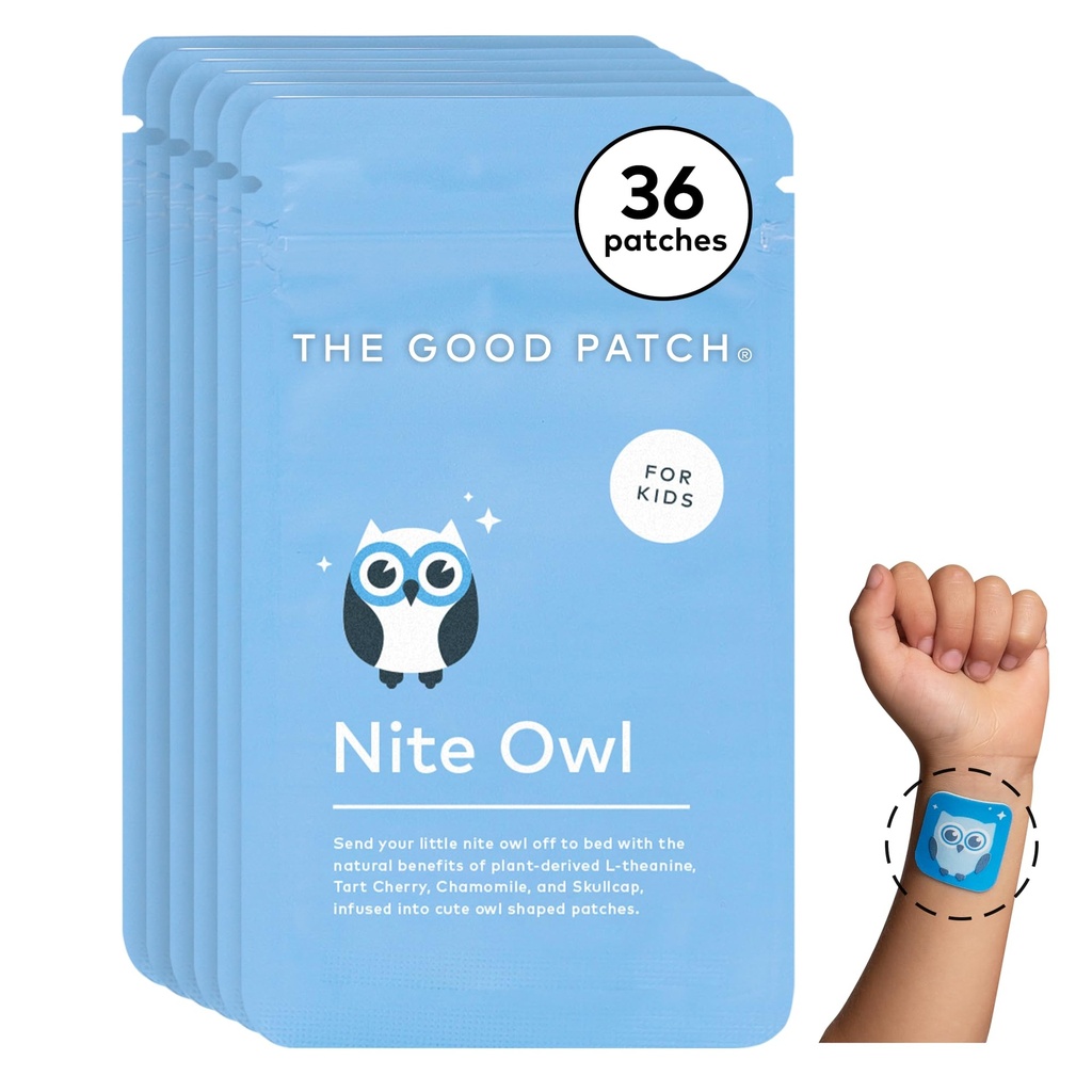 Good Patch Nite Owl Patch, Natural Sleep Patch Support for Kid Bedtime with Tart Cherry, Heřmánek, a Skullcap, Plant Powered, Trvalé uvolnění (36 Total Patches)