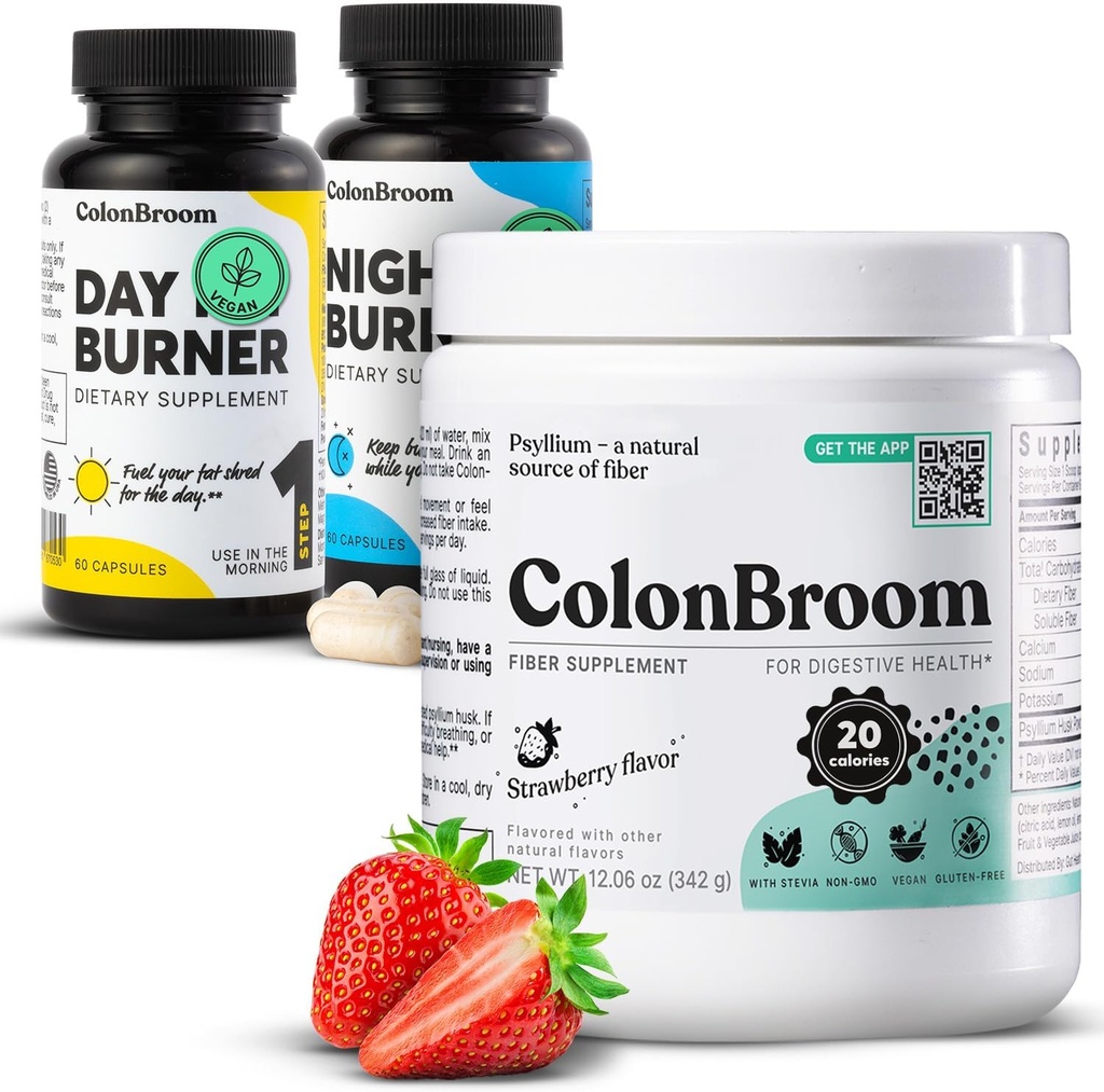 ColonBroom Psylium Husk Powder, Colon Broom Colon Cleanser Fiber dodatek pro nadýmání Relief & Gut zdraví + denní a noční Burner doplňky, Hmotnost Management pilulky (60 Služeb), 3 položky