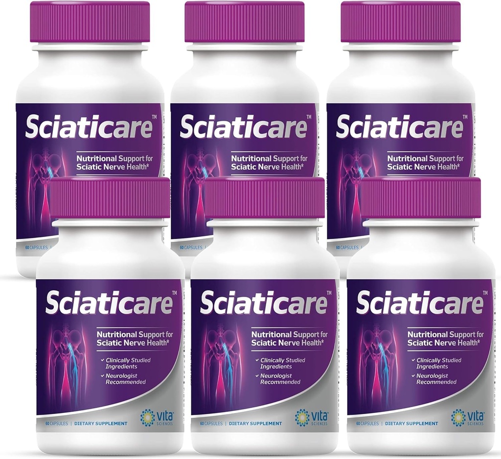 Vita Sciaticare Sciaticare Nerve Soothing Doplněk Vitamíny s přírodní R- ALA Form 40X Síla, NENÍ Syntetický Alfa Lipoic Acid (ALA) - Lower Lumbar Sciatica - 60 Počet (balení po 6)