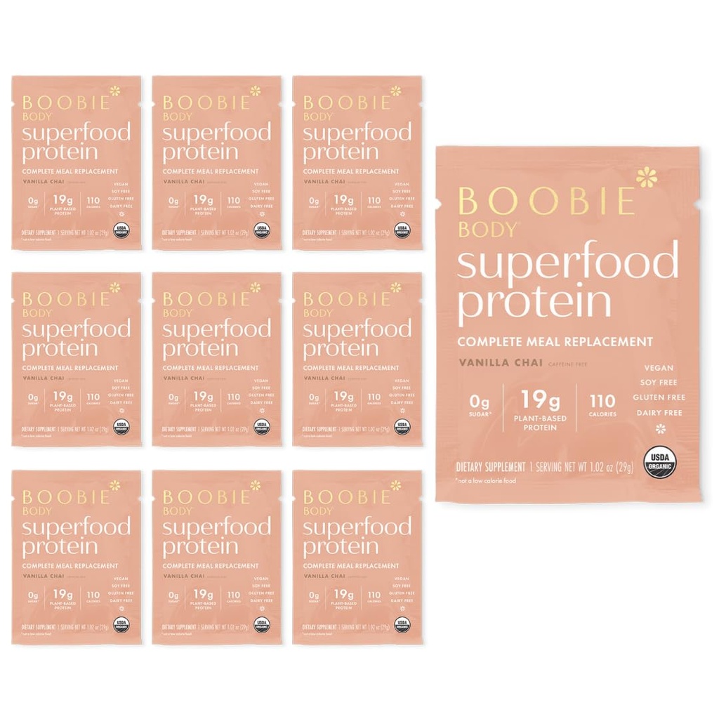 Boobie Tělo Superfood Protein Náhrada jídla Shake, Vanilla Chai Flavor 124; 19g Protein currency 124; Safe for těhotenský, Kojení, & Mateřství currency 124; Organic, Vegan, Nulový cukr, 10 Single Serve Packets (1.02 oz each)