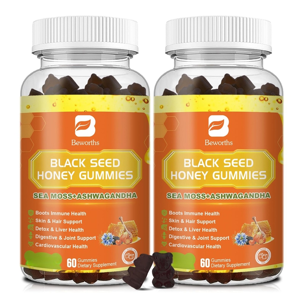 (2 Pack) Black Seed Oil Sea Moss Gummies with Ashwagandha, Burdock Root, Linden Honey, Elderberry, Turmeric, Vitamin C, D3 & Zinek - Podporuje imunitu, Spojky, Digestion, Vlasy a kůže, Vegan Gummies 120