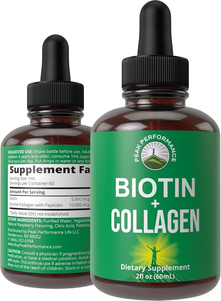 Tekutý kolagen pro ženy a muže s biottinem. Pokročilé 2- in-1 ústní kapky pro růst vlasů, kůže, a hřebíky. 10 000 mcg Bovine Collagen Peptides + 5 000 mcg Biotin. Bezlepkové, bezcukerné doplňky