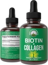 Tekutý kolagen pro ženy a muže s biottinem. Pokročilé 2- in-1 ústní kapky pro růst vlasů, kůže, a hřebíky. 10 000 mcg Bovine Collagen Peptides + 5 000 mcg Biotin. Bezlepkové, bezcukerné doplňky