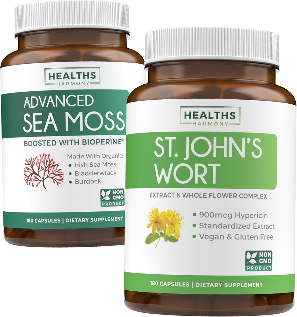 Moss Moss & St. John 's Wort (2-Month Supply) Mood Moss Blend - Organic Irish Moss - Surový vegan dodatek (180 Caps) & St John' s Wort s Powerful 900mcg Hypericin Vegan Non- GMO (180 Kapsle)