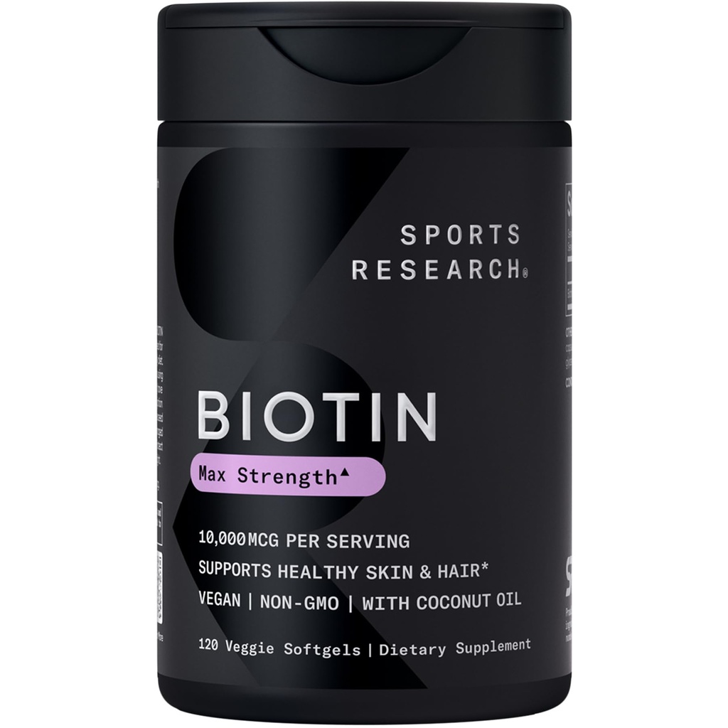Sports Research ® Biotin 10,000mcg s organickým kokosovým olejem - Biotin (vitamin B7) pro zdravou pleť a podporu vlasů * - pro ženy a muže - Vegan, Non- GMO, gluten & Soy- Free - 120 Veggie Softgels