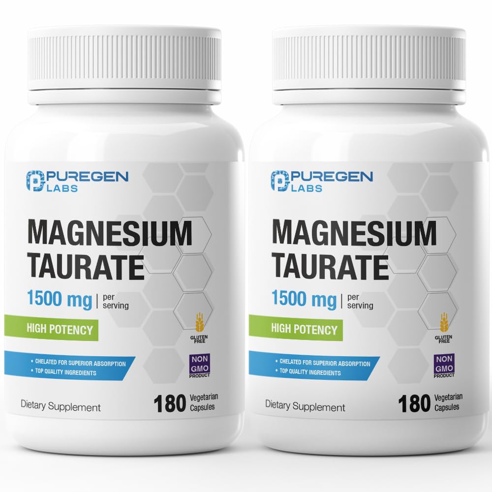 Puregen Labs Magnesium Taurate 1500mg per Serving [High potency] Total 360 Veggie Caps, Chelated for Superior Absorpce, Non- GMO, NO Gluten and Dairy Ibrahim 124Made in USA