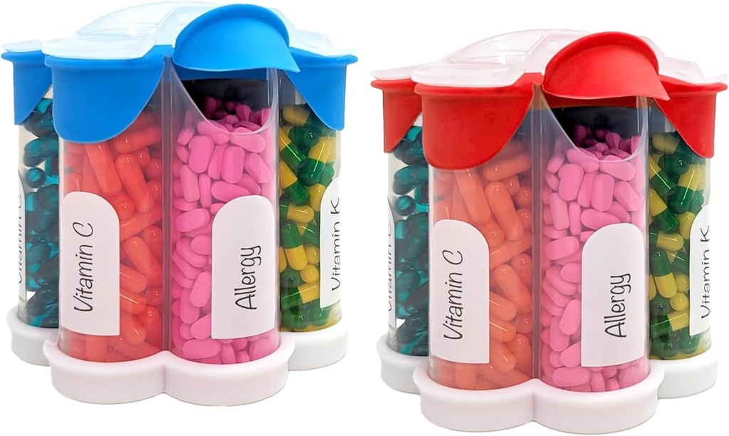 Extra Velký Pořadatel pilulek Denní, Týdenní, Měsíční dodatek Lahvička, Cute Blossom Pill Dipenser se 7 XL Compartments (2 Pack Combo) (světle modrá a červená)