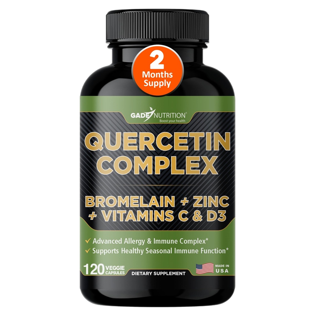 Gade Nutrition Organic Quercetin s bromelainovým vitamínem C a zinkem 124; doplněk imunitní podpory Quercetin 500mg Kapsle 124; Bioflavonoidy vyrobené v USA Třetí strana Testováno