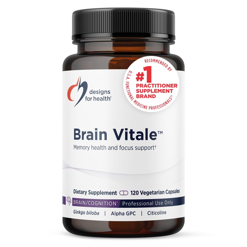 Designy pro zdraví Brain Vitale s Cognizin Citicoline - 'Nootropní' dodatek pro podporu Cognition, Mood + Paměť s GPC Cholin, Ginkgo + Acetyl L Carnitin HCL (120 Kapsle)
