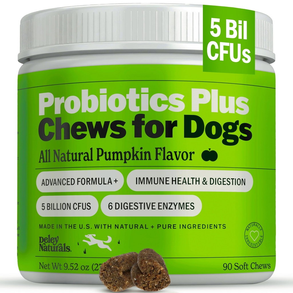 Deley Naturals Probiotika Plus Žvýkačky pro psy, Gut doplněk zdraví, 5 miliard CFU, trávicí enzymy, Prebiotika, Psí alergie, Průjem, Kvasinky, Dýně Flavor, 90 Počet - Made in USA