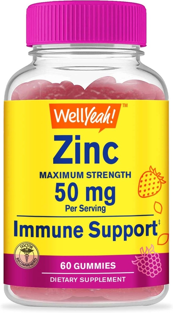 WellYeah Zinkové gumové 50 mg - Podporuje zdravé imunitní funkce a antioxidantní zdraví - Přírodní Berry Flavor - Gluten- Free, GMO- Free - Žvýkací gumový doplněk stravy - 60 gumové