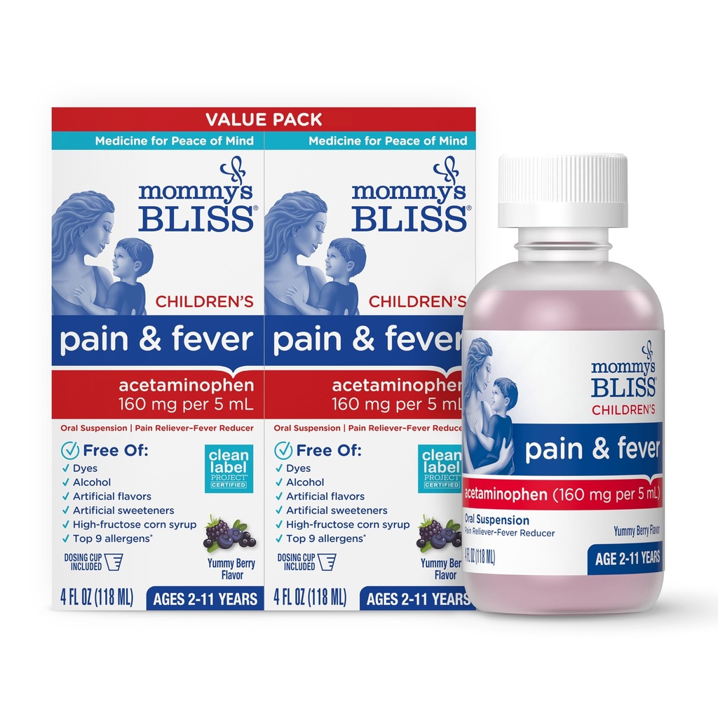Maminčin Bliss Children 's Pain and Fever Reducer, Kids Acetaminophen, Dye Free, Delicious MixBerry Flavor, Ages 2 +, 4 Fluid Ounces (Balení po 2)