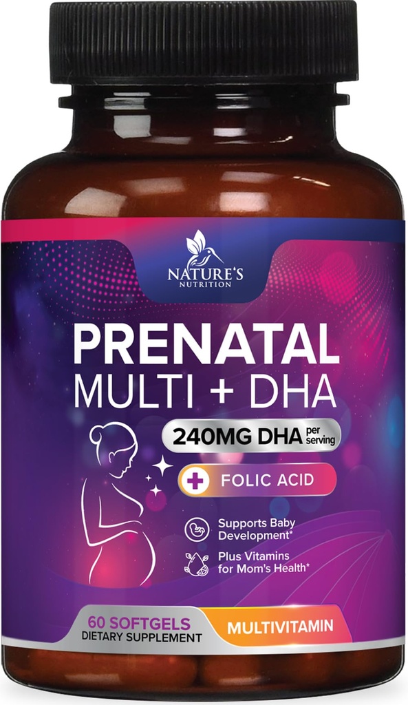 Prenatální vitaminy s kyselinou listovou & DHA, Podpora rozvoje plodu s folátem & Omega 3, Prenatal Multivitamin pro ženy, Vitamin A, C, D, B6, B12 & železo, dodatek k těhotenství - 60 Softgels