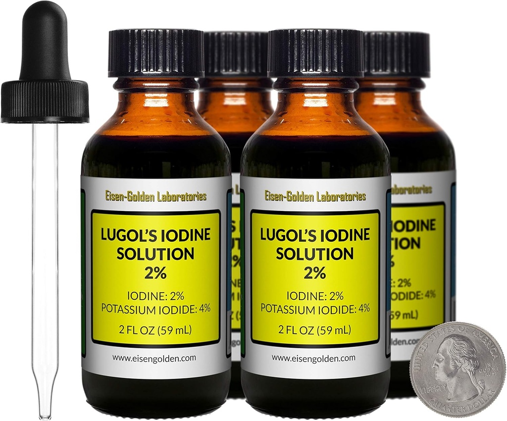 Lugol 's jód / 2% Solution / 8 Oz in Four Amber Glass Bottles / Free Droppers / USA
