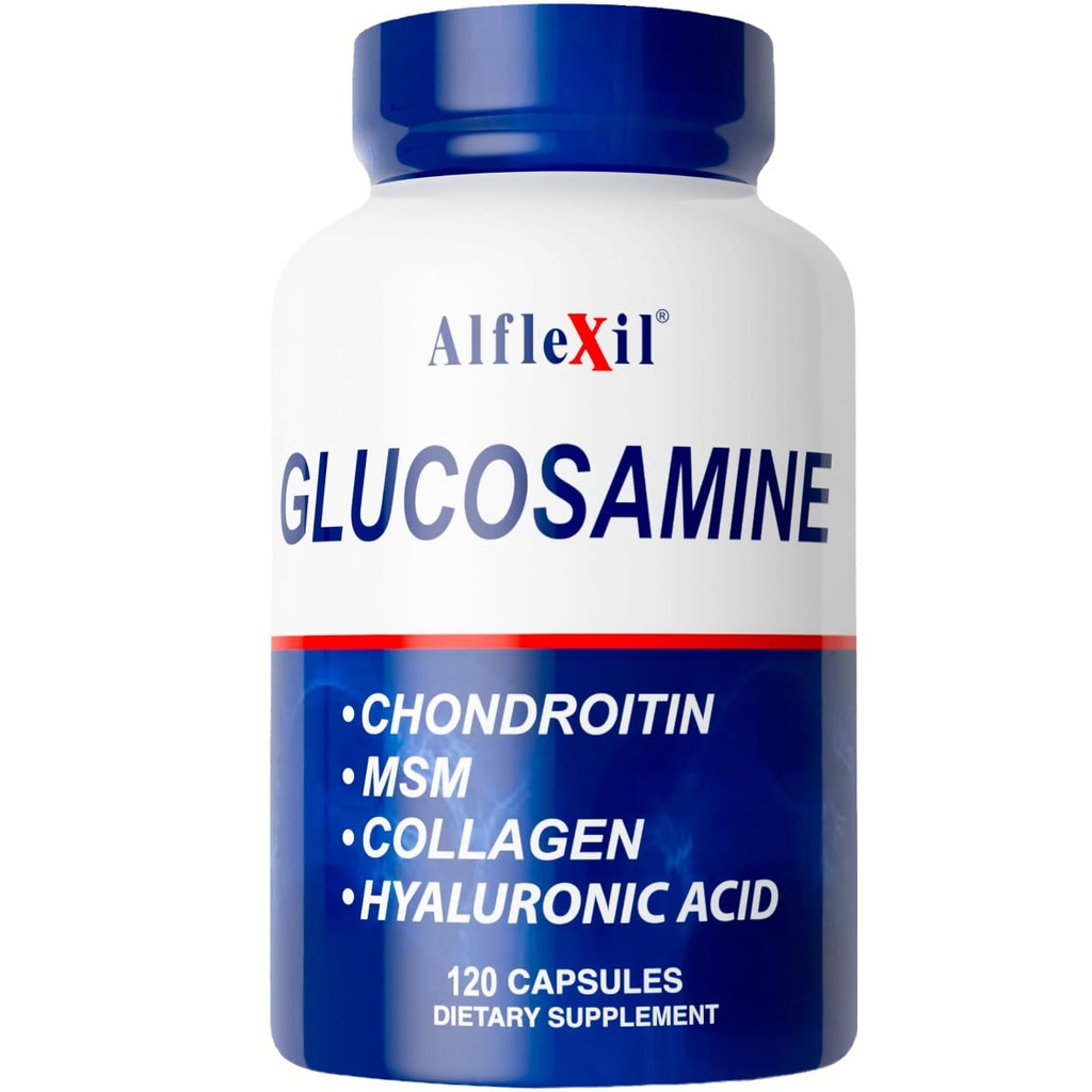 ALFA VITAMINS Alflexil Glucosamine, Chondroitin & Collagen dodatek, gluten zdarma, podporuje spojky, kosti a kolena, zahrnuje MSM & Hyaluronic kyselina pro mobilitu a společné zdraví, 120 Kapsle