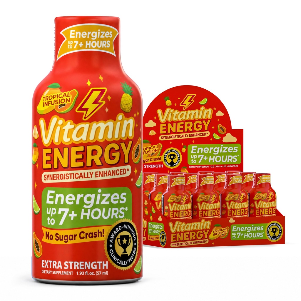 Vitamin Energy Imunní + Extra Síla Energy Shot Mango 12 Pack, 260mg přírodní kofein, B-vitaminy, Citicolin, zelený čaj, Imunita & Focus Support, Nulový cukr, gluten- Free 1.93 fl oz