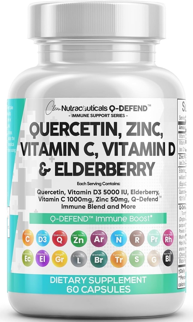 Q Defend Quercetin dodatek se zinkem vitamin C Vitamin D Elderberry Turmeric Black Pepper Česnek Zázvor Moss Lysin štípající kopřivka Reishi Houbová imunitní podpora 60 Kapsle podle čisté Nutra