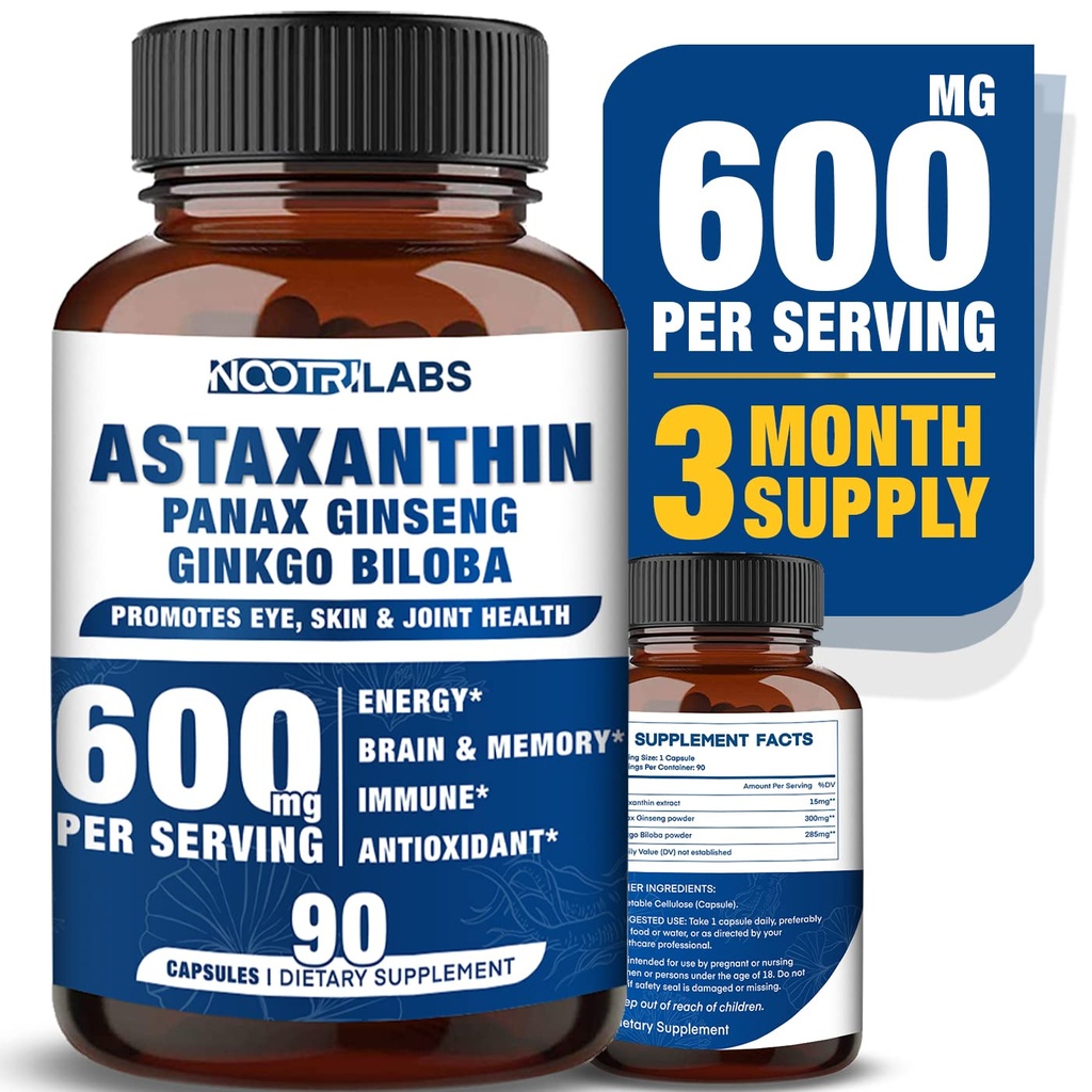 Astaxanthin 15 mg + Panax Ginseng, Ginkgo Biloba doplňky, 90 Vegan Kapsle, Promotes Eye Health Energy, Kardiovaskulární podpora + imunitní obrana a soustředění