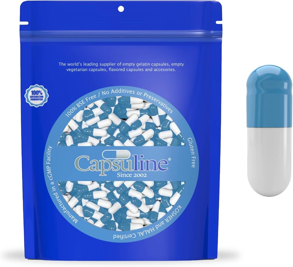 Capsuline Barevné velikosti 0 Prázdná želatina Kapsle modrá / bílá 10000 Počet 124; Kosher & Halal Certified Capsule 124; Gluten zdarma