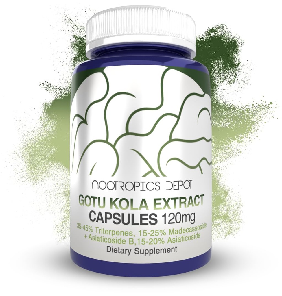 Nootropics Depot Gotu Kola Extract Kapsle 124; 120mg CLANEK 124; 90 CLANEK 124; Acid Residant CLANEK124; Centella asiatica CLANEK124; 35-45% Triterpenes CLANEK124; Podporuje zdravé Stresové hladiny CLANEK124; Podporuje zlepšení paměti