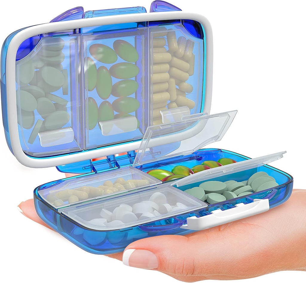 Travel Pill Organizátor - Moisture Proof Přenosný Vitamin Holder s 7 Compartments, Kompaktní doplněk pouzdro pro Purse Essential Medicine Kit fot Traveling Pocket Pharmacy s etiketami, modrá