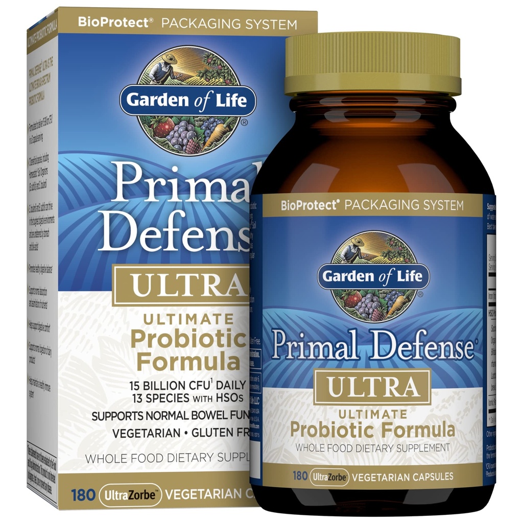 Zahrada života Probiotika pro stravitelné zdraví a Gut Zdravotní bilance, Primal Defense Ultra Ultra Ultra Ultimate Formule, 15 Miliony CFU a 13 Strains Plus HSP, Vegetariánské a gluten zdarma, 180 Kapsle