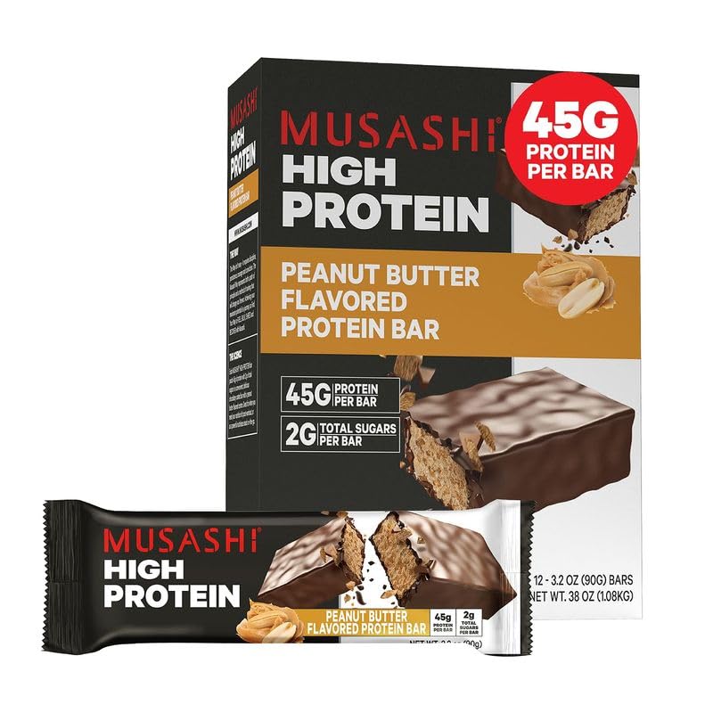 MUSASHI High Protein Bar, 45g protein, 2g Celkem Sugars, arašídové máslo & Mléčné čokolády obalené, Post Workout a protein Snack On The Go, 12 Pack of 3.2oz (90g) Bary