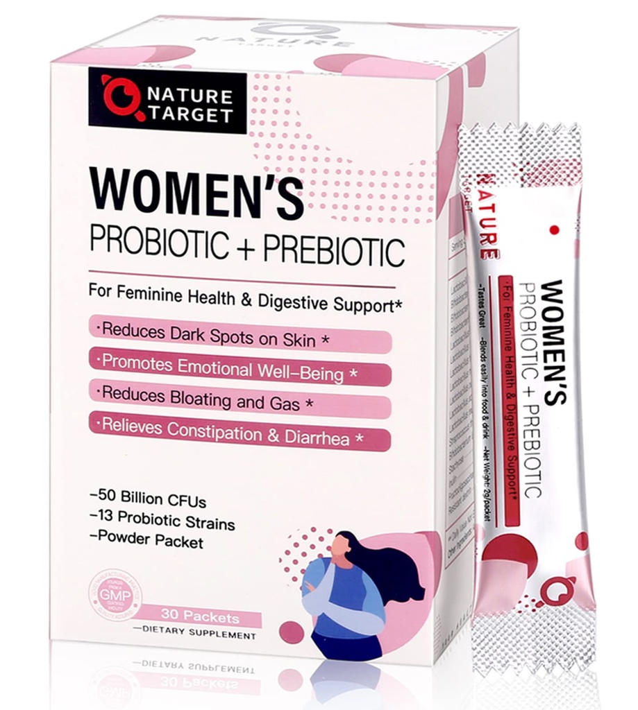 CÍLOVÉ PRObiotika NATURY pro ženy Probiotický prášek - 50 miliard CFU, 13 Stravovacích cest pro vaginální zdraví, nadýmání, 30 Stick Packs