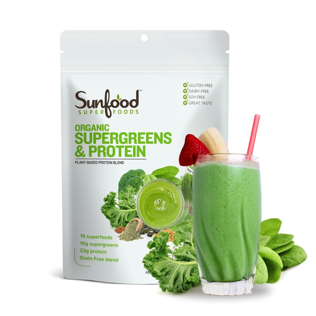 Sunfood Organic Supergreens & Protein - Zelené Superfood Powder, Organic Protein Powder, Plant Based Vegan Protein, Super Green for Gut Health w / Chlorella & Spirulina, 23g Protein Per Serving - 8 oz