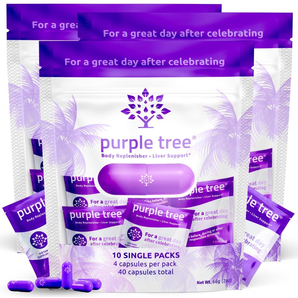 Purple Tree Post- Celebration Wellness 124; Podpora jater, Hydration & Doplovač 124; Dihydromyricetin DHM, Mléko Thistle, Electrolytes, Vitamíny 124; Bachelorette & Bachelor Party Kits, 30 Packets (120 pilulky)